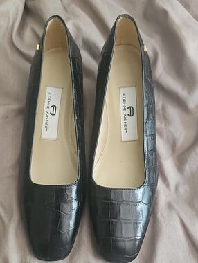 Etienne Aigner Black Croc-Embossed Square-Toe Flats with Gold Accent